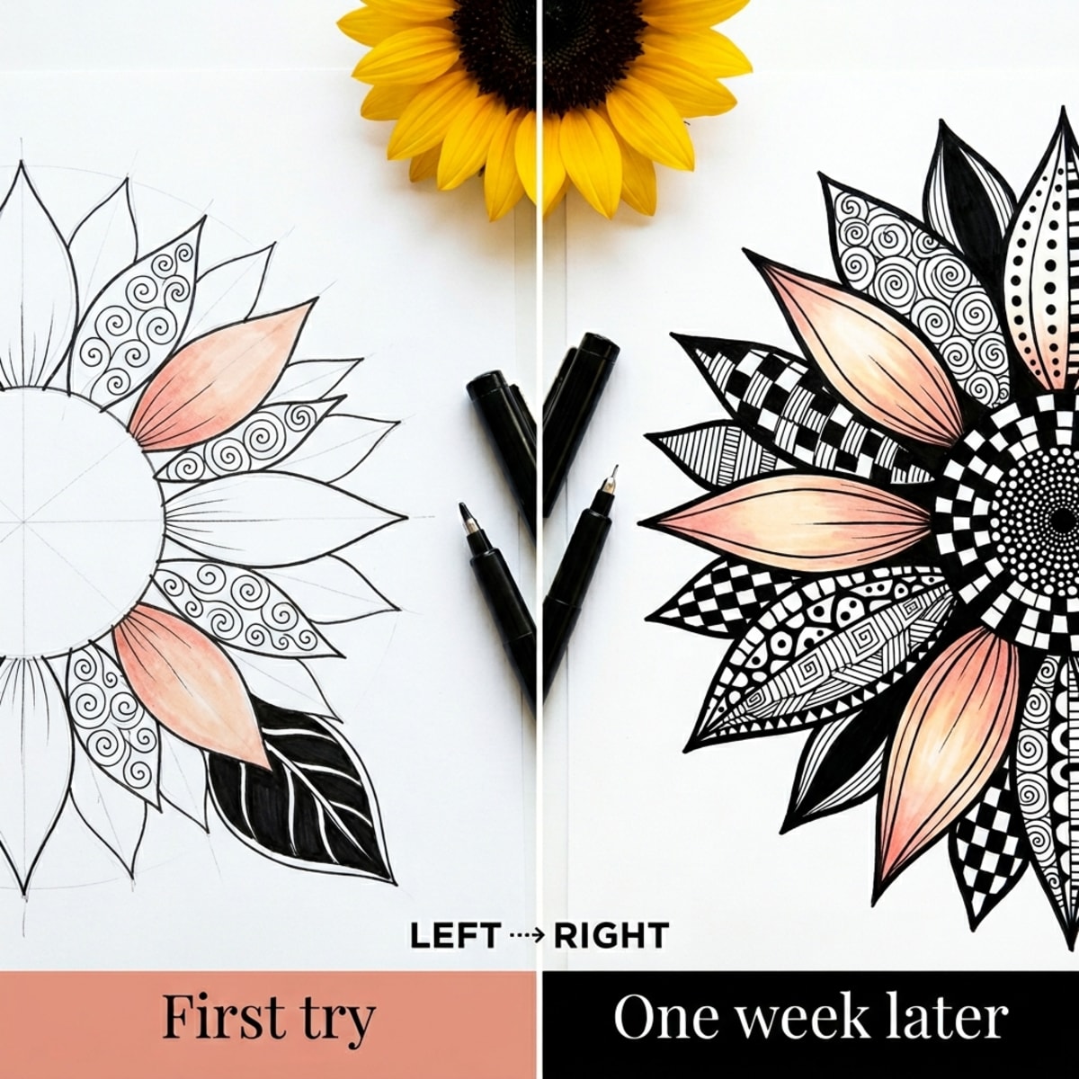 Traced sunflower day one beside freehand sunflower a few days later