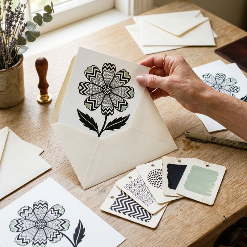 Finished zen doodle with solid black petals and bold leaves