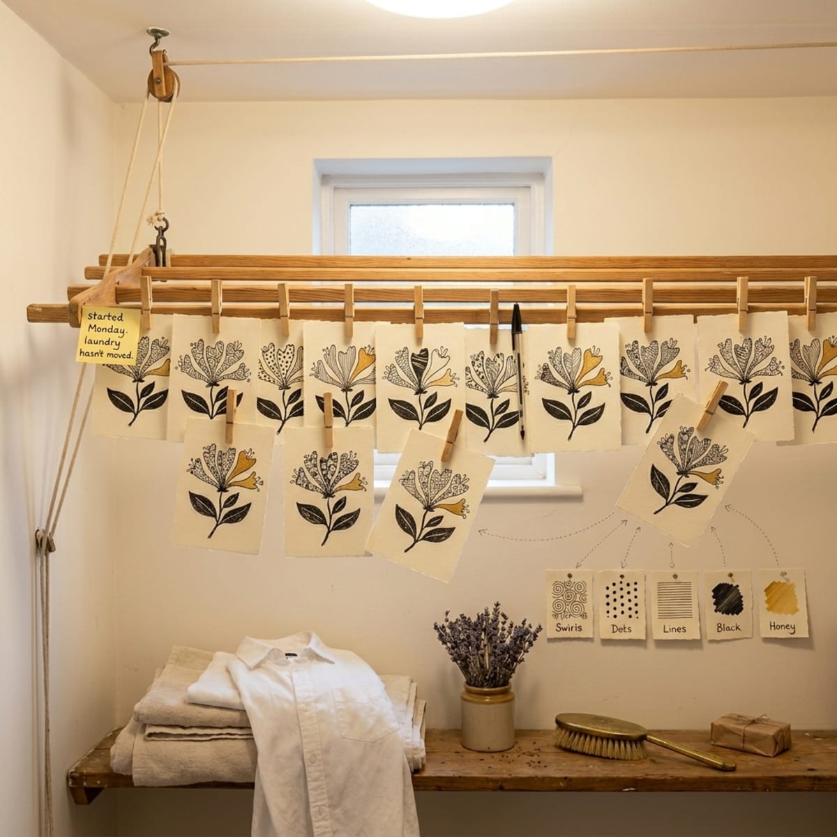 Fifteen zen doodle honeysuckle flowers clipped to a laundry-room drying rack with wooden pegs