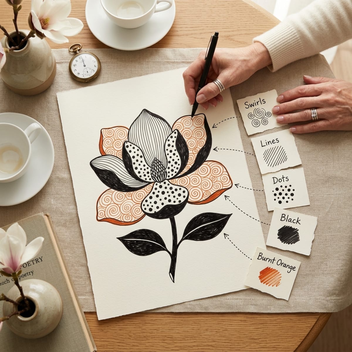 Overhead zen doodle magnolia with hands mid-stroke