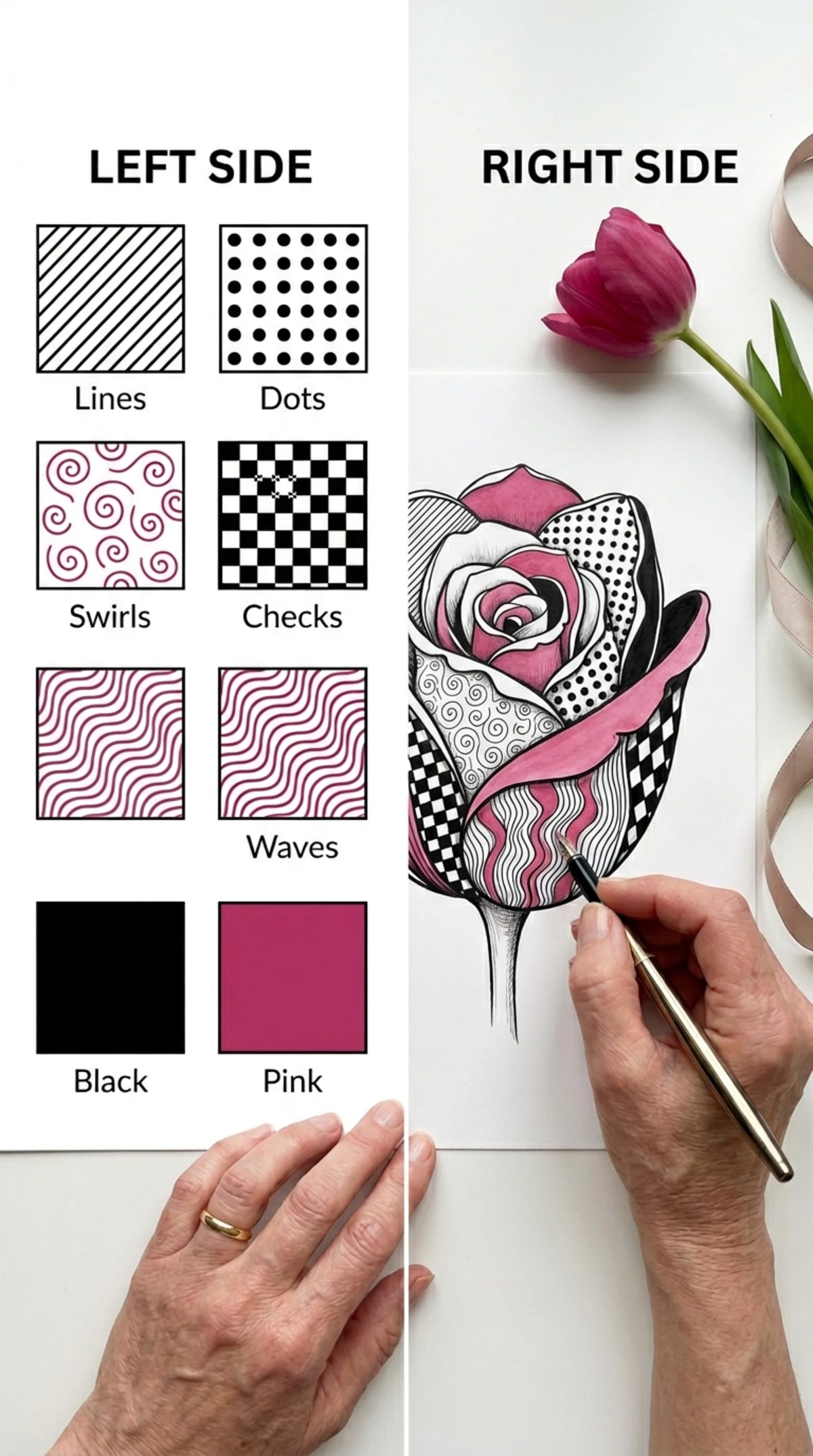 Vertical split: pattern library beside a finished zen-doodle rose with pink accent, hand mid-stroke with biro.