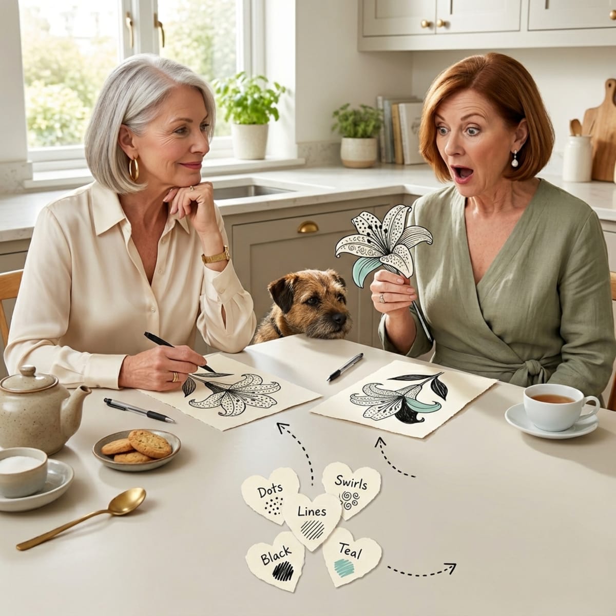 Overhead kitchen table with zen doodle magnolia and twelve pattern petals spiralling outward