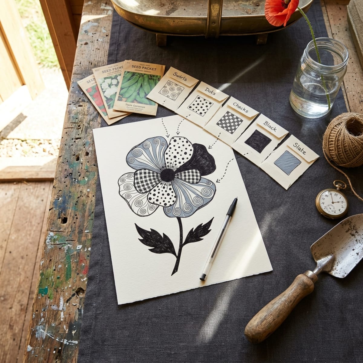 Zen doodle poppy on a weathered allotment-shed workbench with seed packets