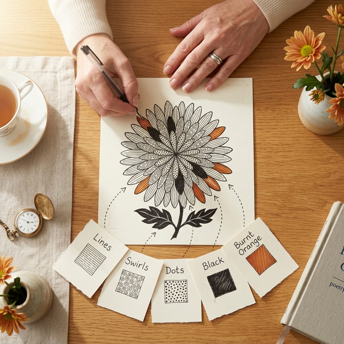 Overhead hands drawing a zen doodle chrysanthemum with solid black petals