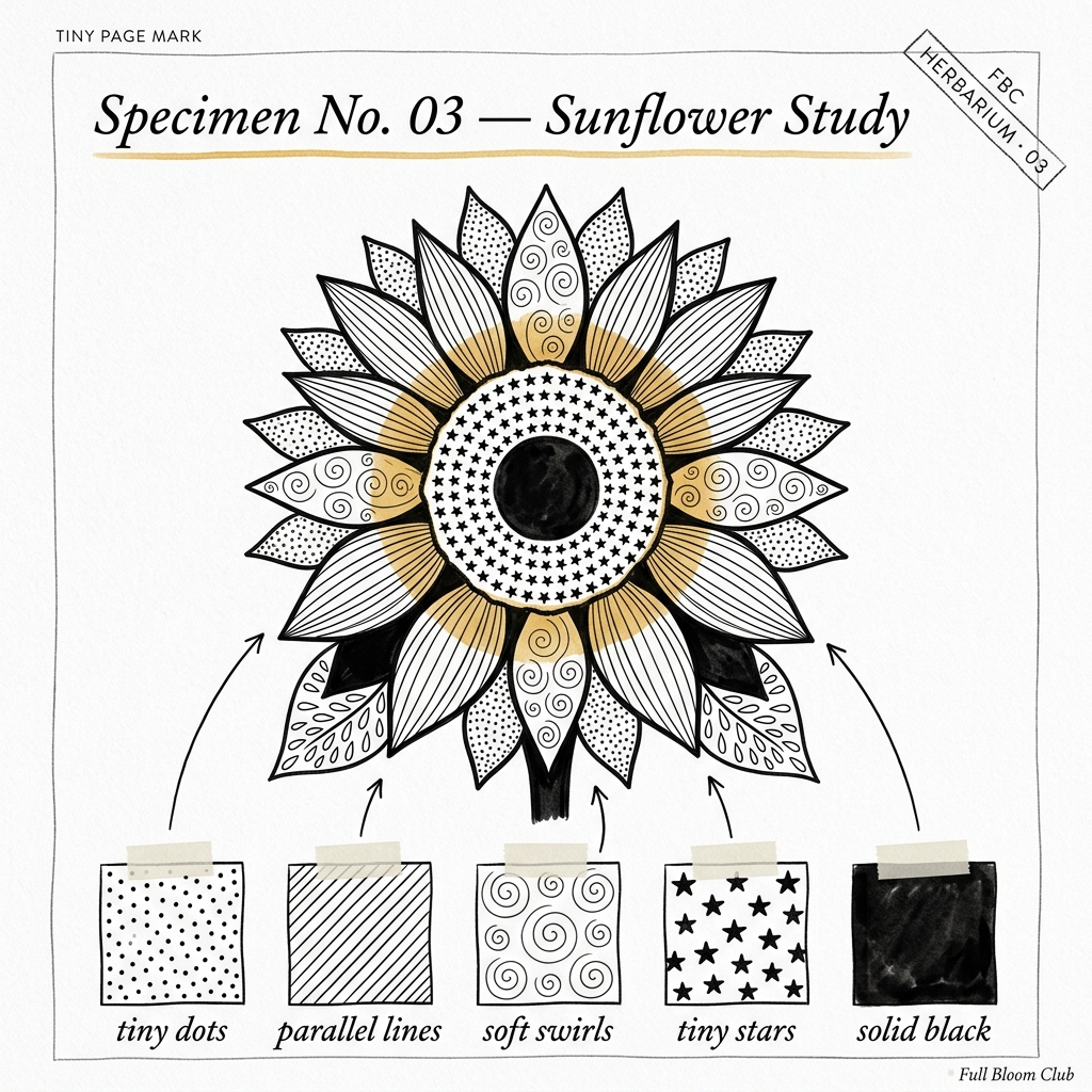 Herbarium-style sunflower specimen sheet with five labelled pattern swatches (tiny dots, parallel lines, soft swirls, tiny stars, solid black) and arrows pointing to where each pattern is filled in the flower