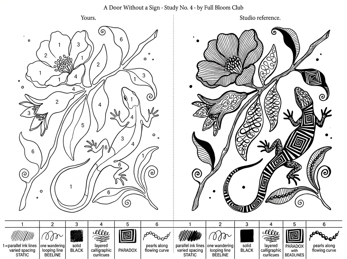 A two-panel mirror diptych — pen drawing a flower on the left, the finished hand-illustrated flower on the right