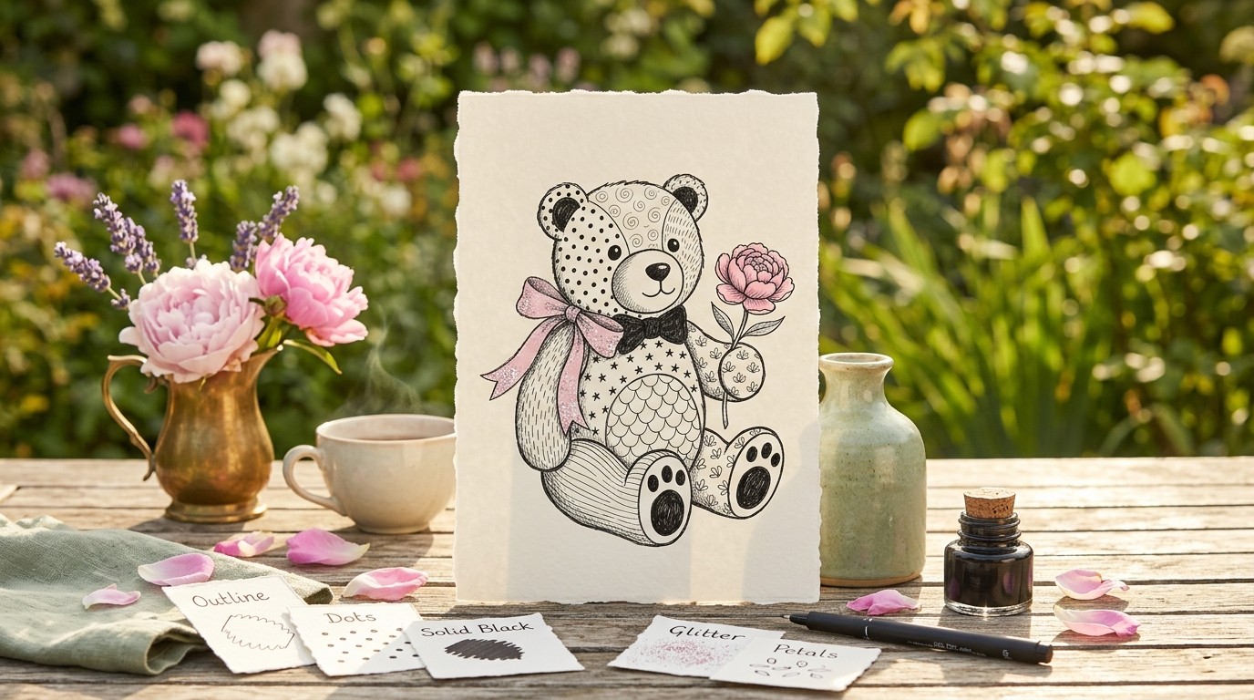 A hand-drawn zen-doodle teddy bear on cream paper, on a sunlit garden table with fresh flowers and pattern ingredient cards