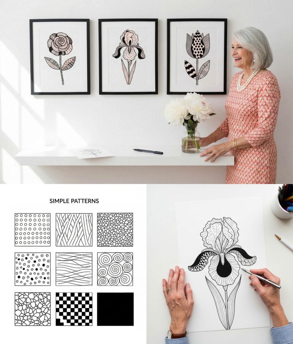 Silver-haired woman at her kitchen table drawing a zen doodle rose with bold red and black patterns &mdash; beside her, the wall behind shows six finished zen doodle flower prints framed in pale wood: tulips, a rose, an iris, a dotted pattern study.