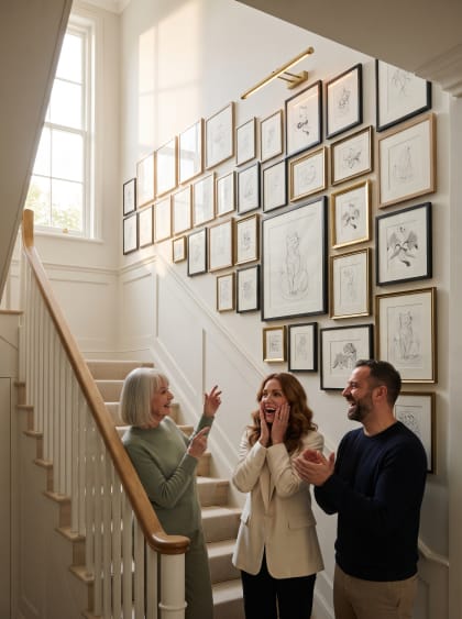 A dense gallery hang climbing the staircase — three generations reacting on the stairs