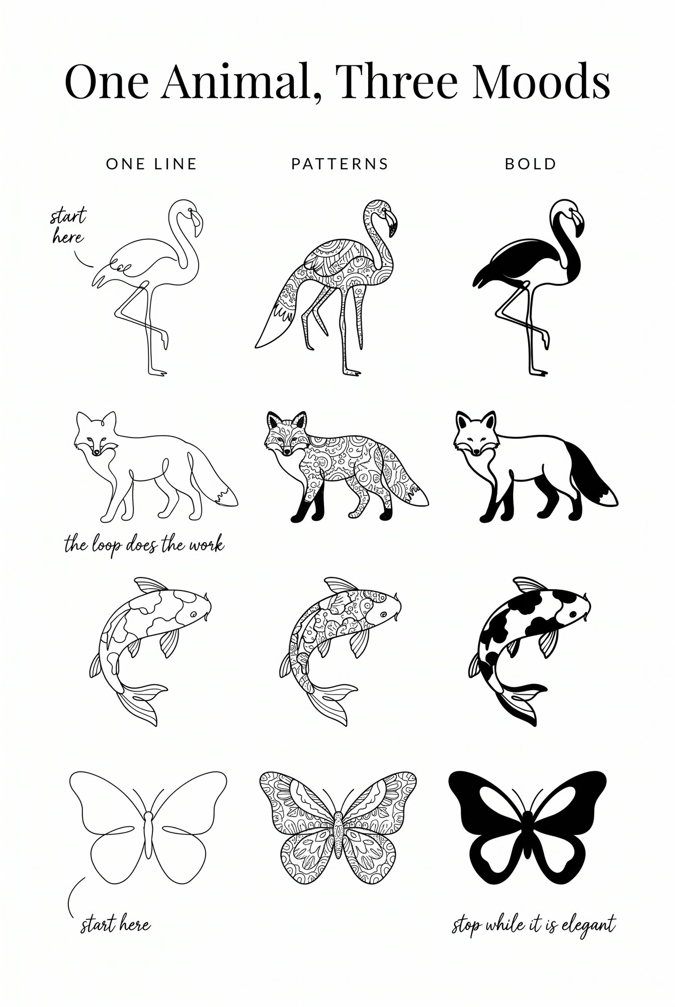 Infographic: easy animals to draw three ways - one line, patterns, bold