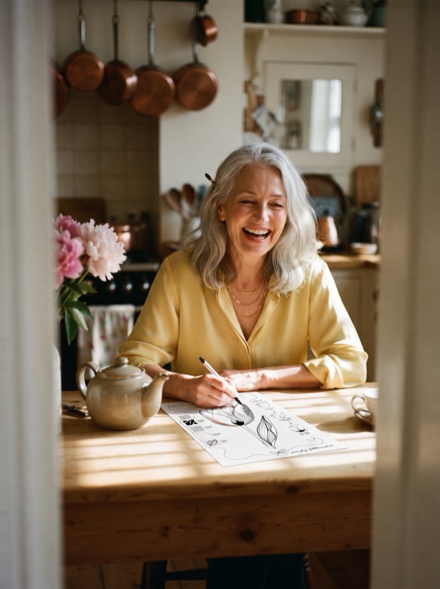 A member laughing over the Tulip sheet at her sunny kitchen table