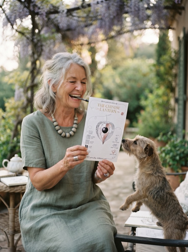 A member showing her Chinese Lantern sheet to her terrier on the veranda