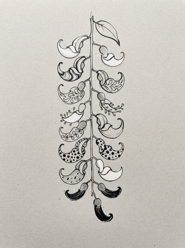 Jade vine drawn in bold patterns on grey paper