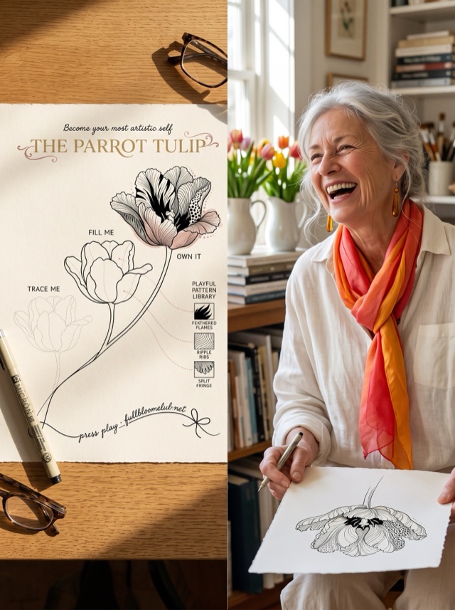 The Parrot Tulip worksheet beside a member laughing at her finished drawing