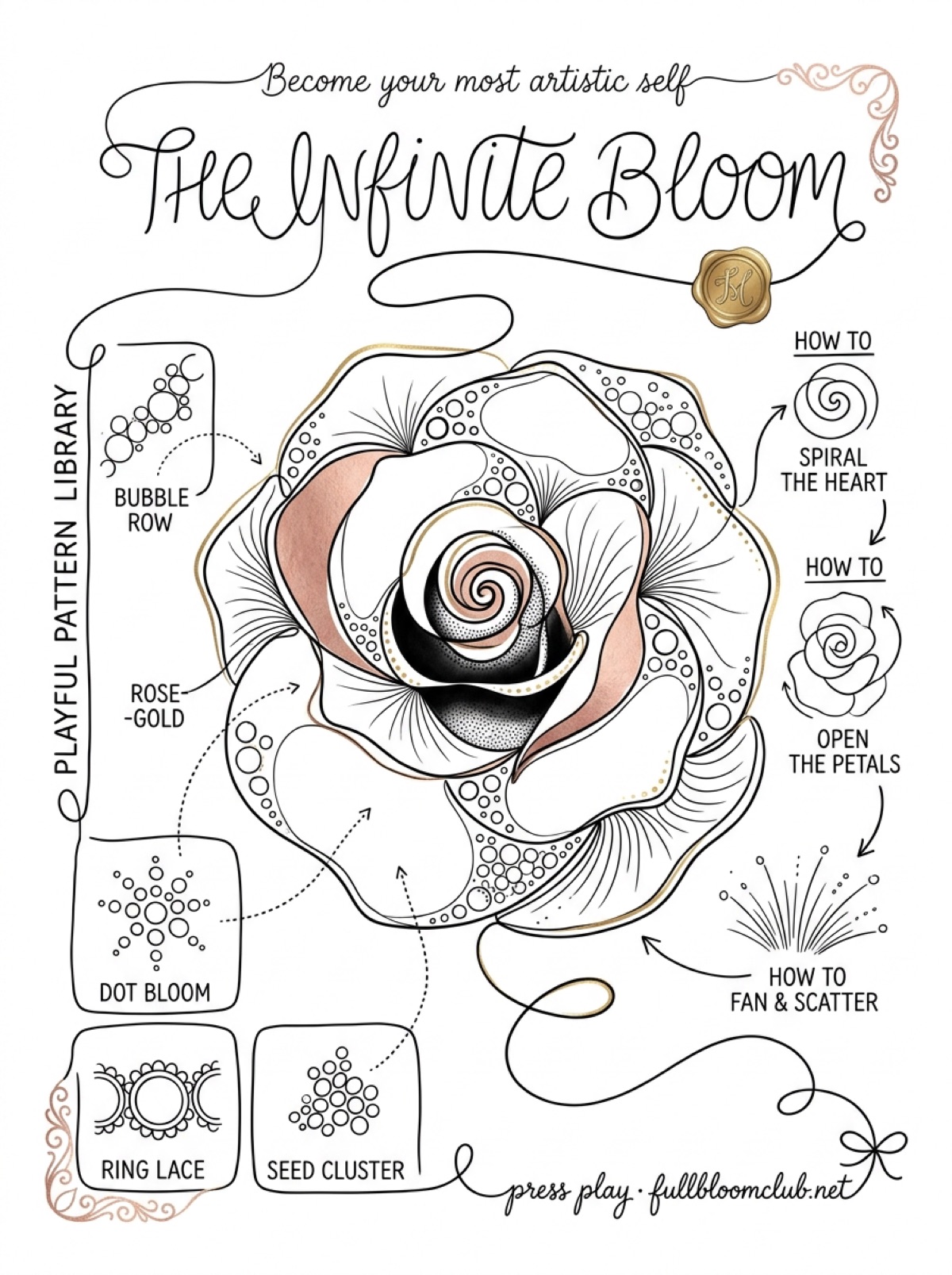 The Infinite Bloom worksheet — a rose drawn in soft rose-gold lines