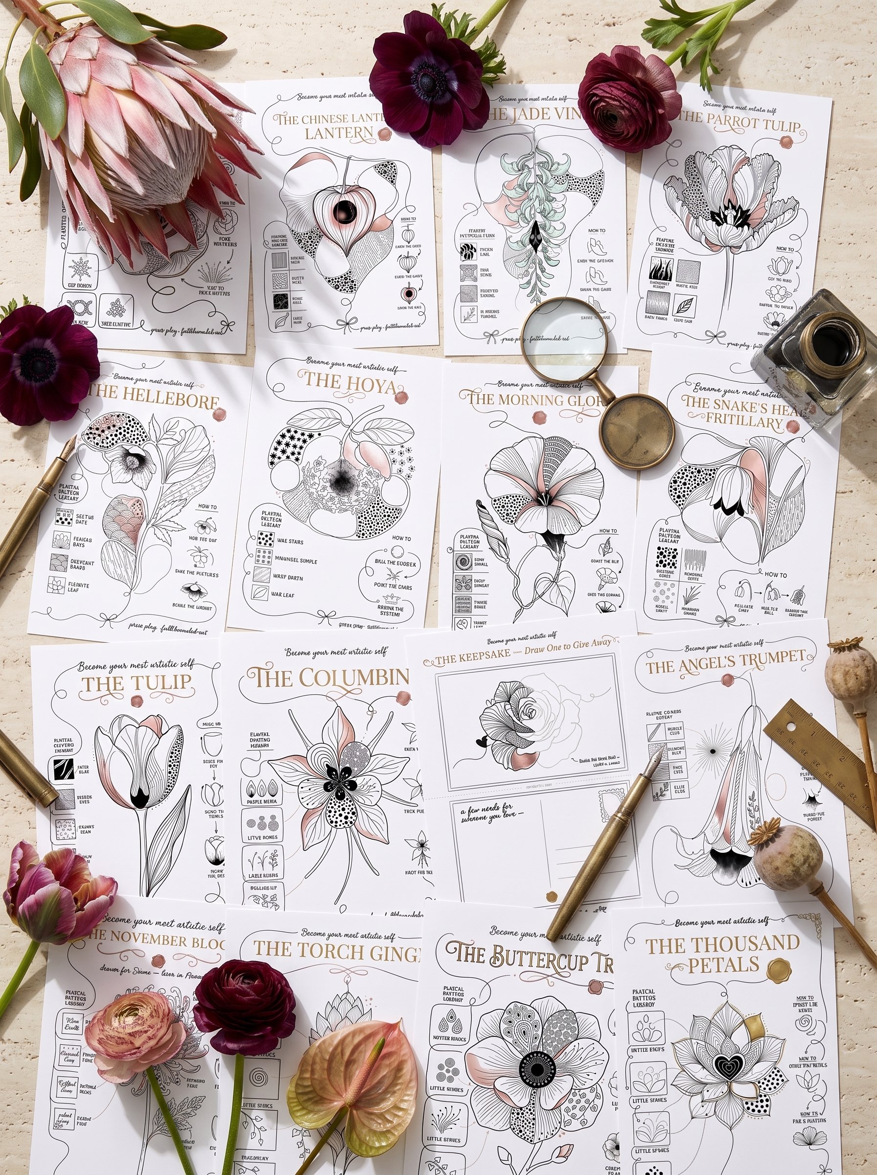 The full spread of Bloom & Pattern flower sheets laid out on a table
