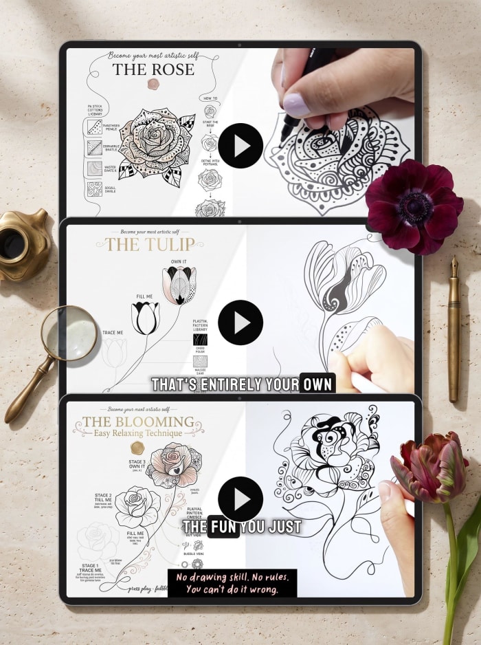 Draw-along videos playing beside the sheets on tablets
