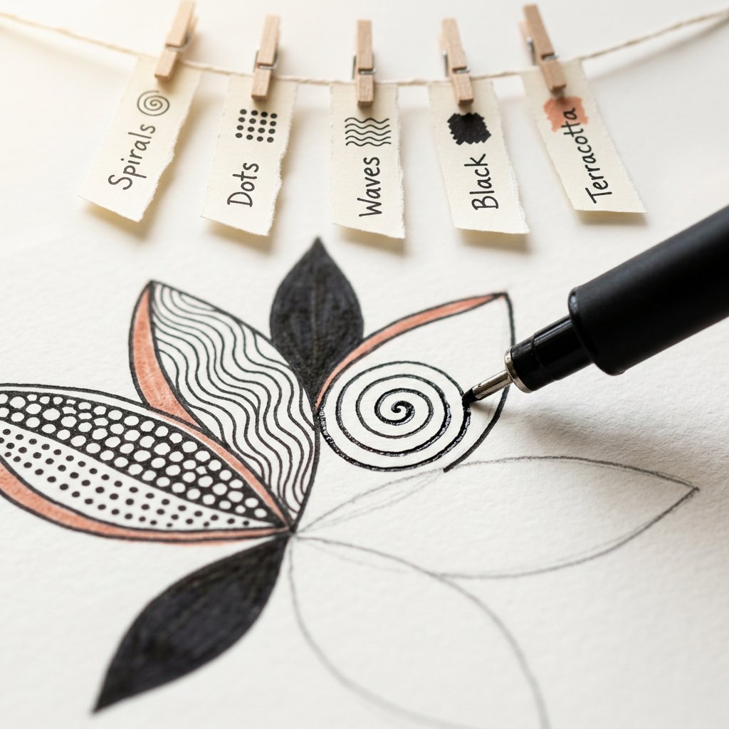 Move 1 — the bare pencil line of the flower drawn on the sheet.