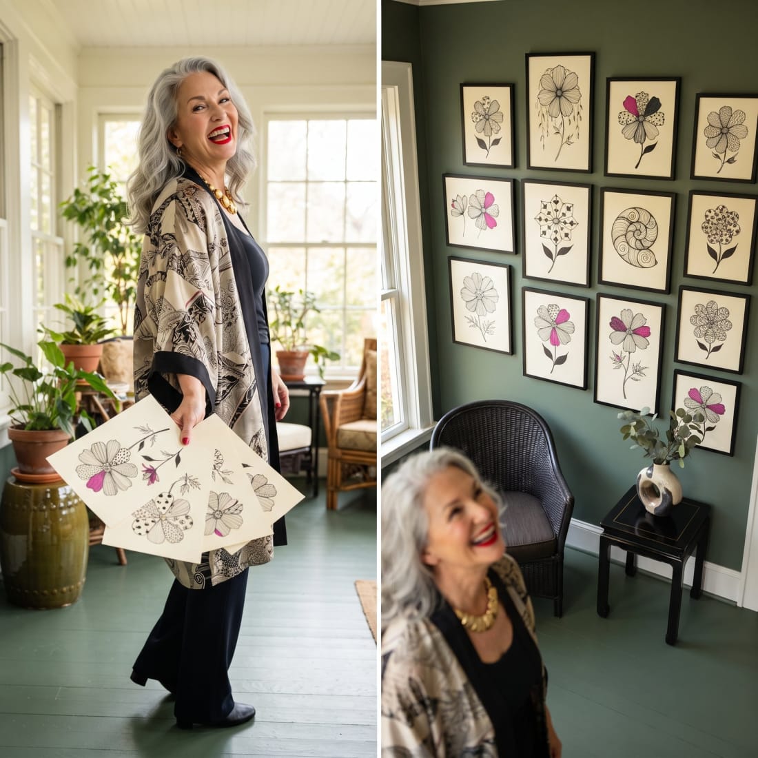 A laughing woman in a floral kimono holds a fan of her finished ink flower drawings in a sunny plant-filled room, then looks up at a green wall hung with a whole gallery of the framed pieces