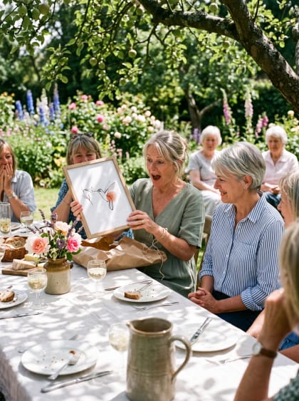 A garden lunch — she unwraps a framed hummingbird drawn by a friend