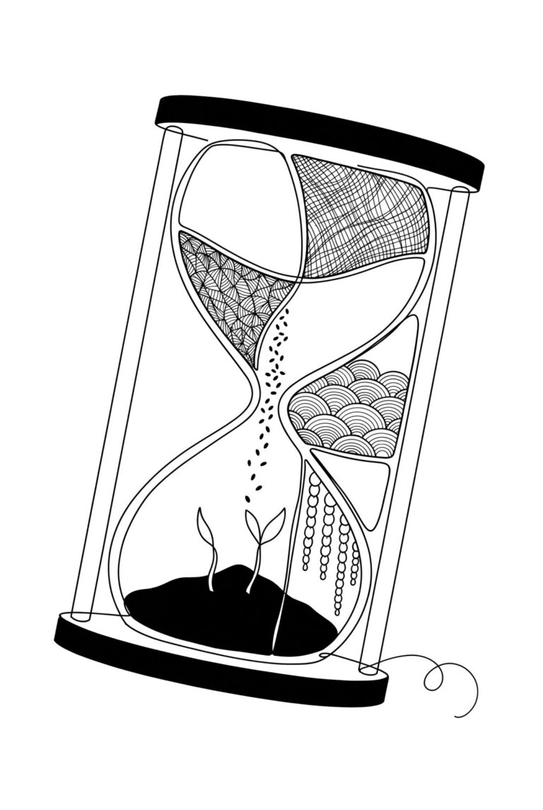 An hourglass, and a seedling inside it