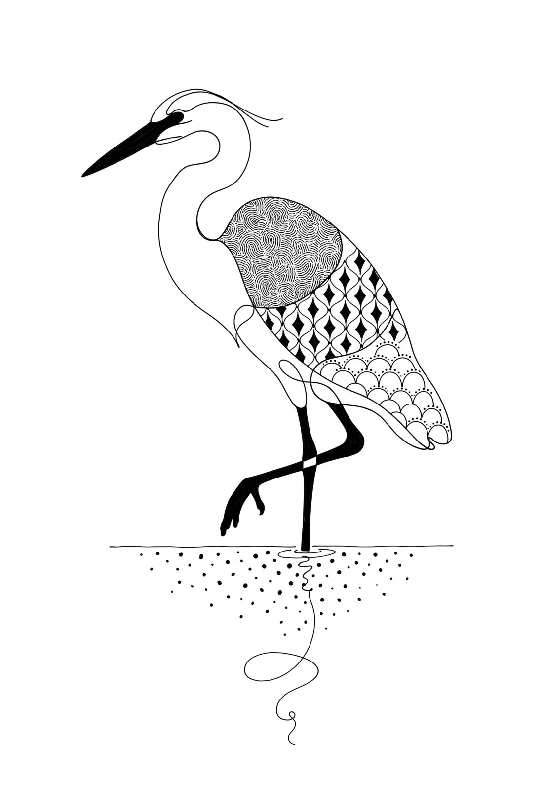 A heron on one leg, its reflection drawn only in dots