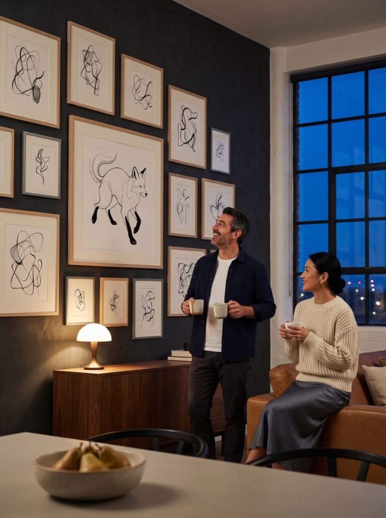A charcoal loft wall at blue hour — coffee in hand, the running fox above them