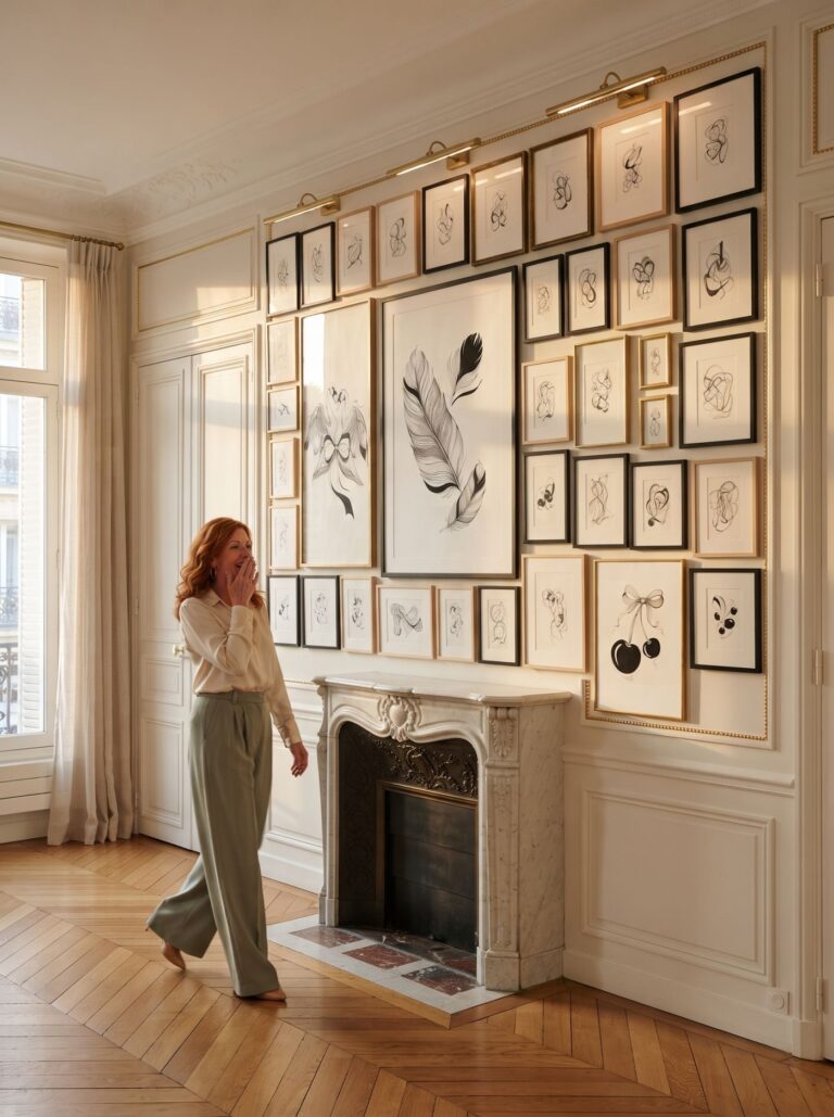 A Paris salon wall above a marble fireplace — she covers a laugh at her own feather study