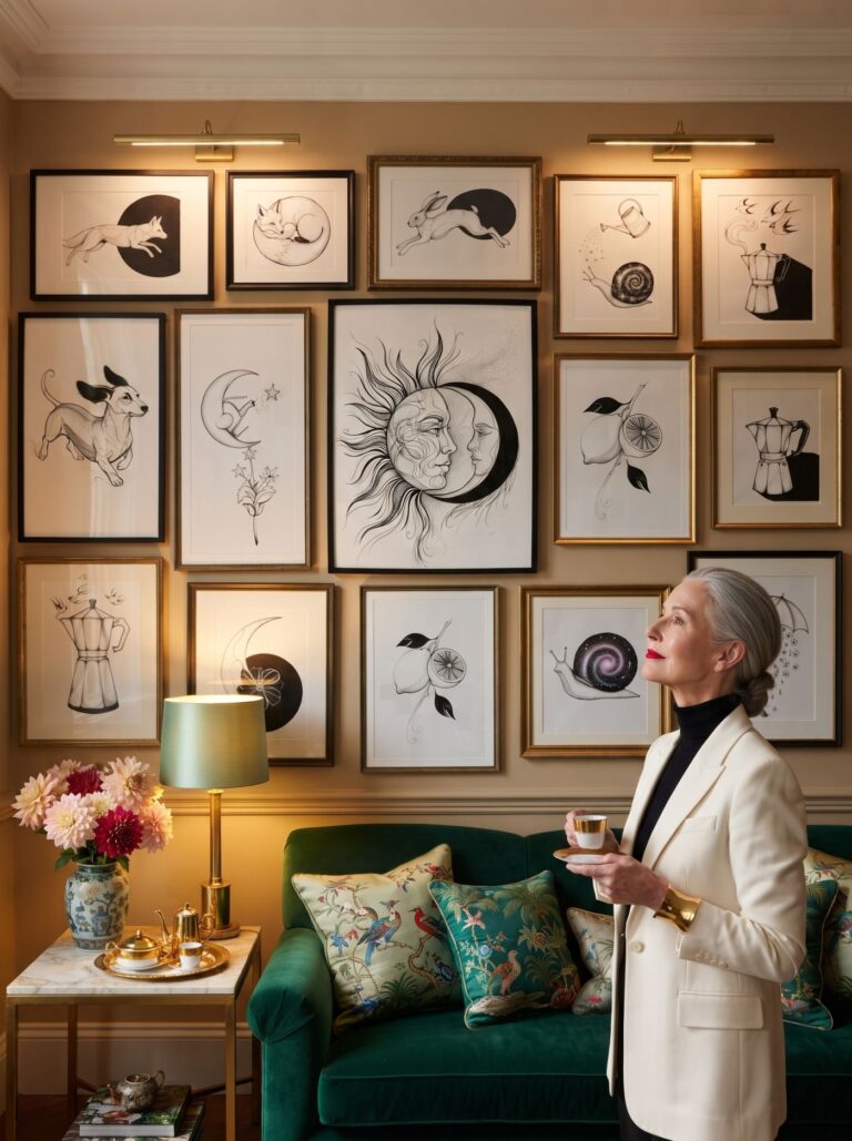 A whole salon wall of finished pieces — she takes it in with a cup of tea