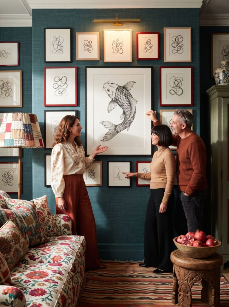 A teal grasscloth wall of framed line drawings — she presents the koi, her friends reacting