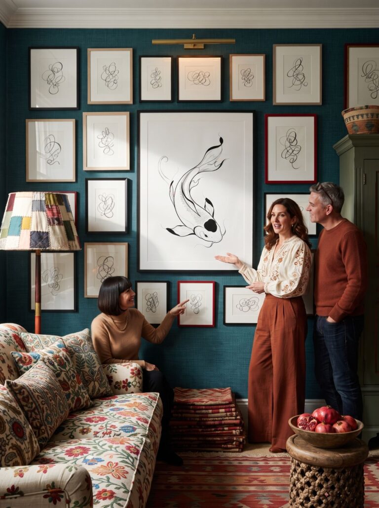 The teal room again — the koi lands, and so does the laugh
