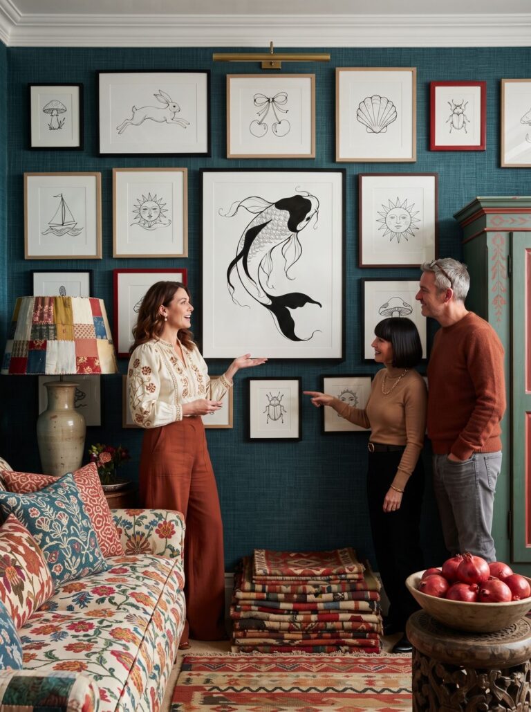 A full teal wall — the sailboat, the hare, the sun, and the koi at the centre