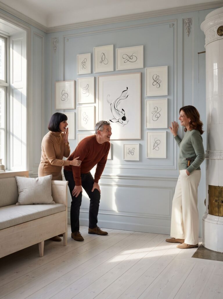 A pale Gustavian room — three of them leaning in at the koi, mid-laugh