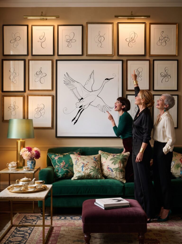 A gold drawing room — three women looking up at the flying crane, one still pointing