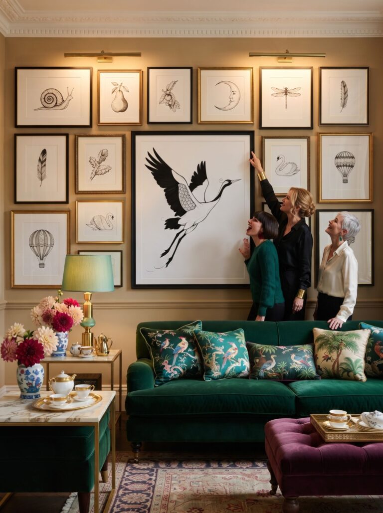 A gold salon over a green velvet sofa — the crane goes up, three of them watching