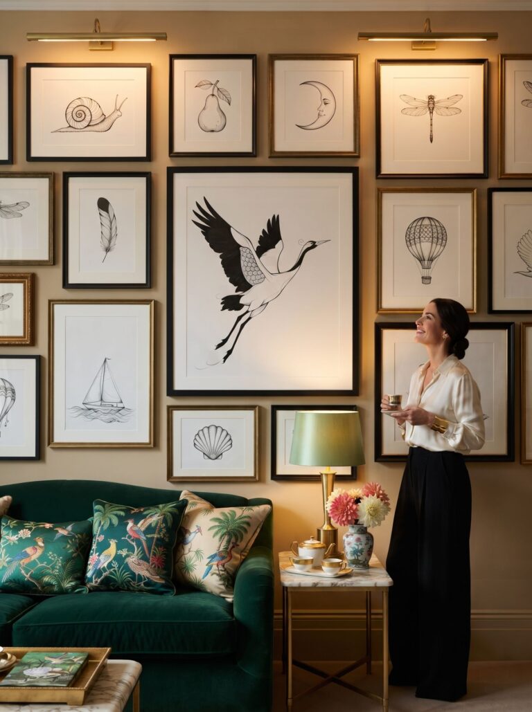 A gold-lit wall, coffee in hand — the crane mid-flight, alone with it