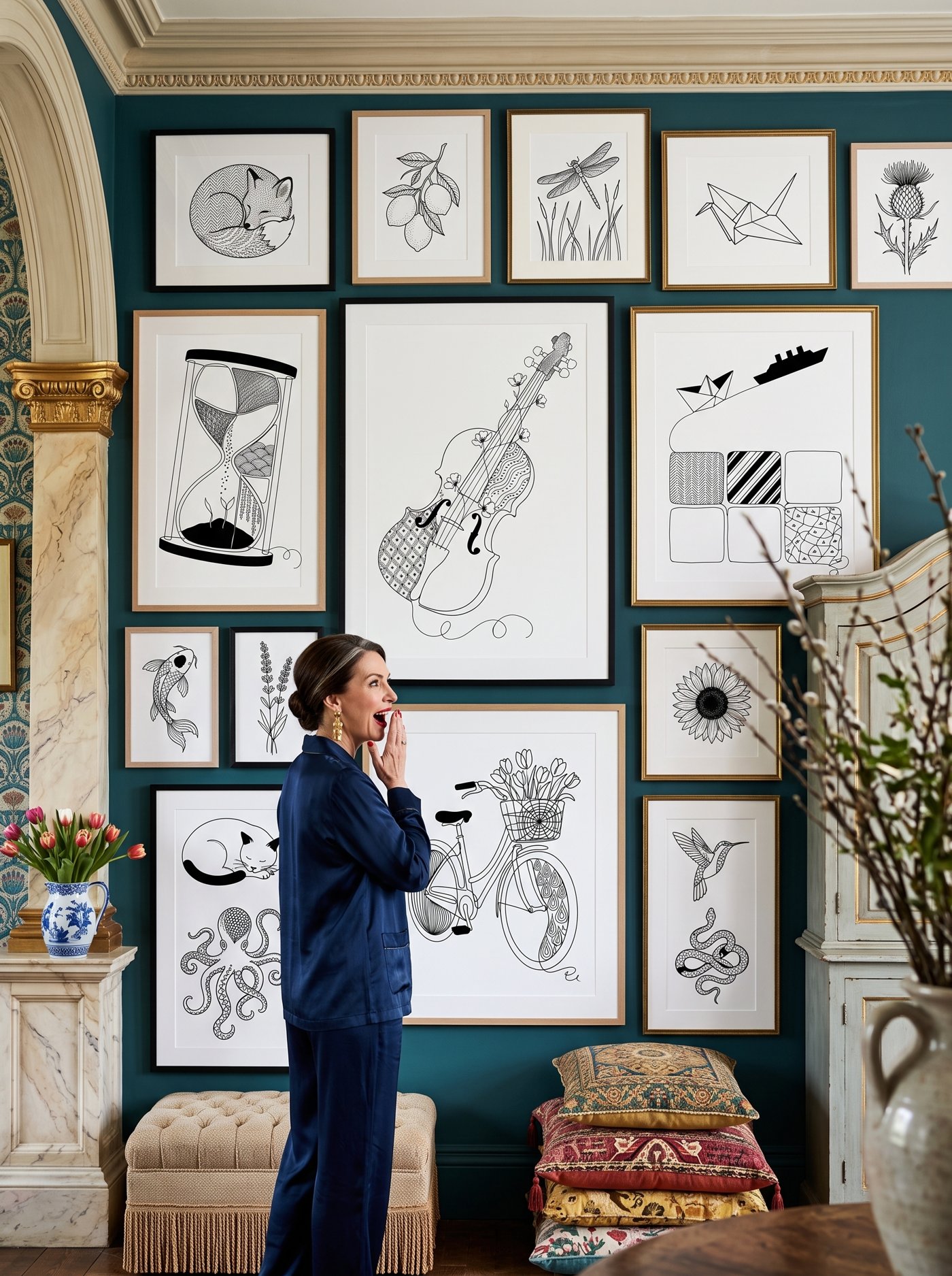 A woman hanging her own line-art on a warm gallery wall, laughing beside a framed one-line bicycle print