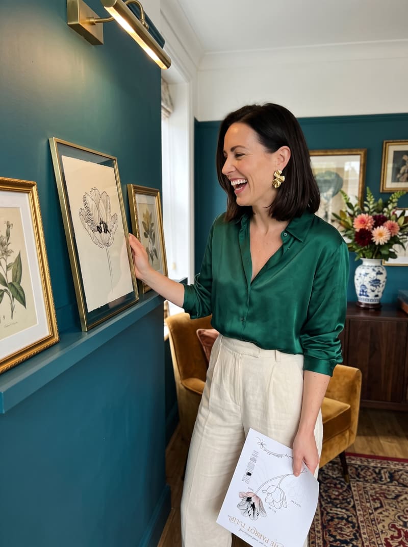 Her wall, finished — the parrot tulip up and framed