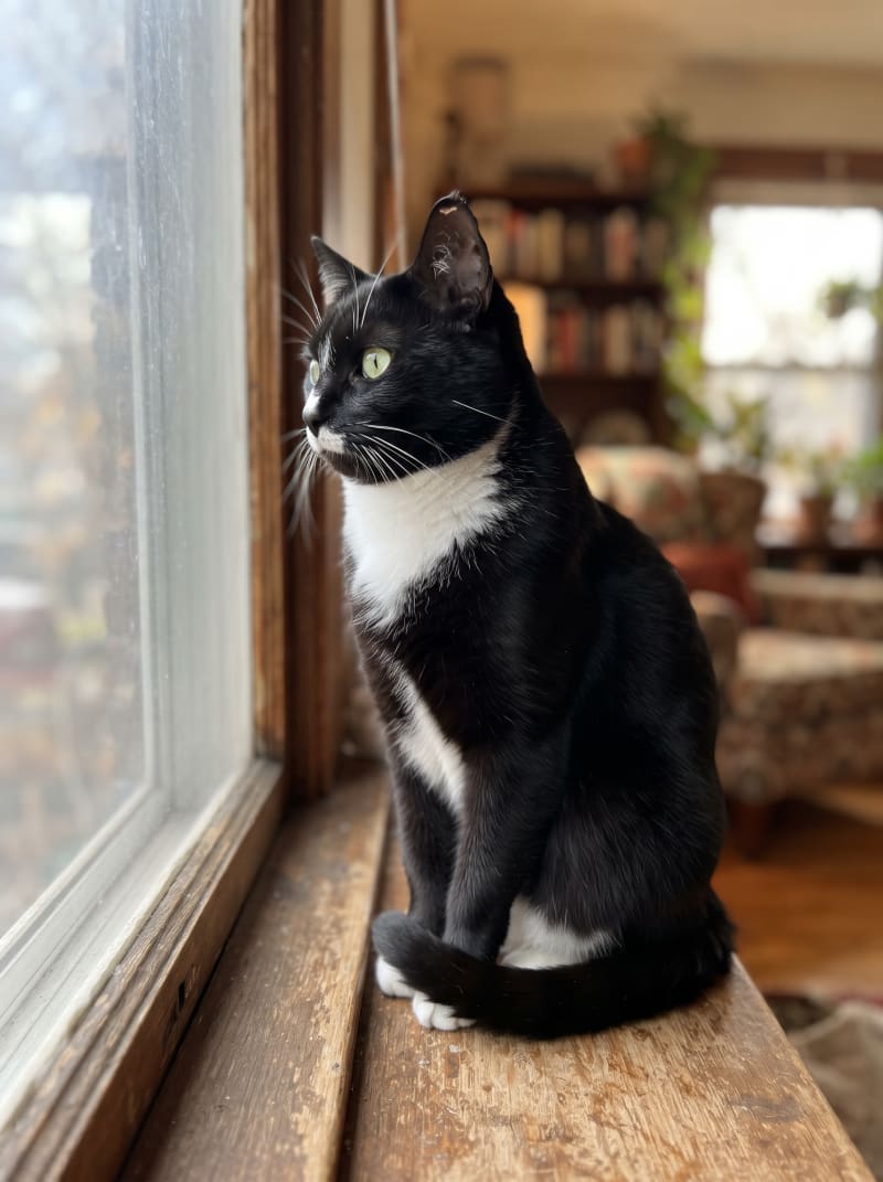 The actual phone photo of Oliver, a tuxedo cat on a windowsill