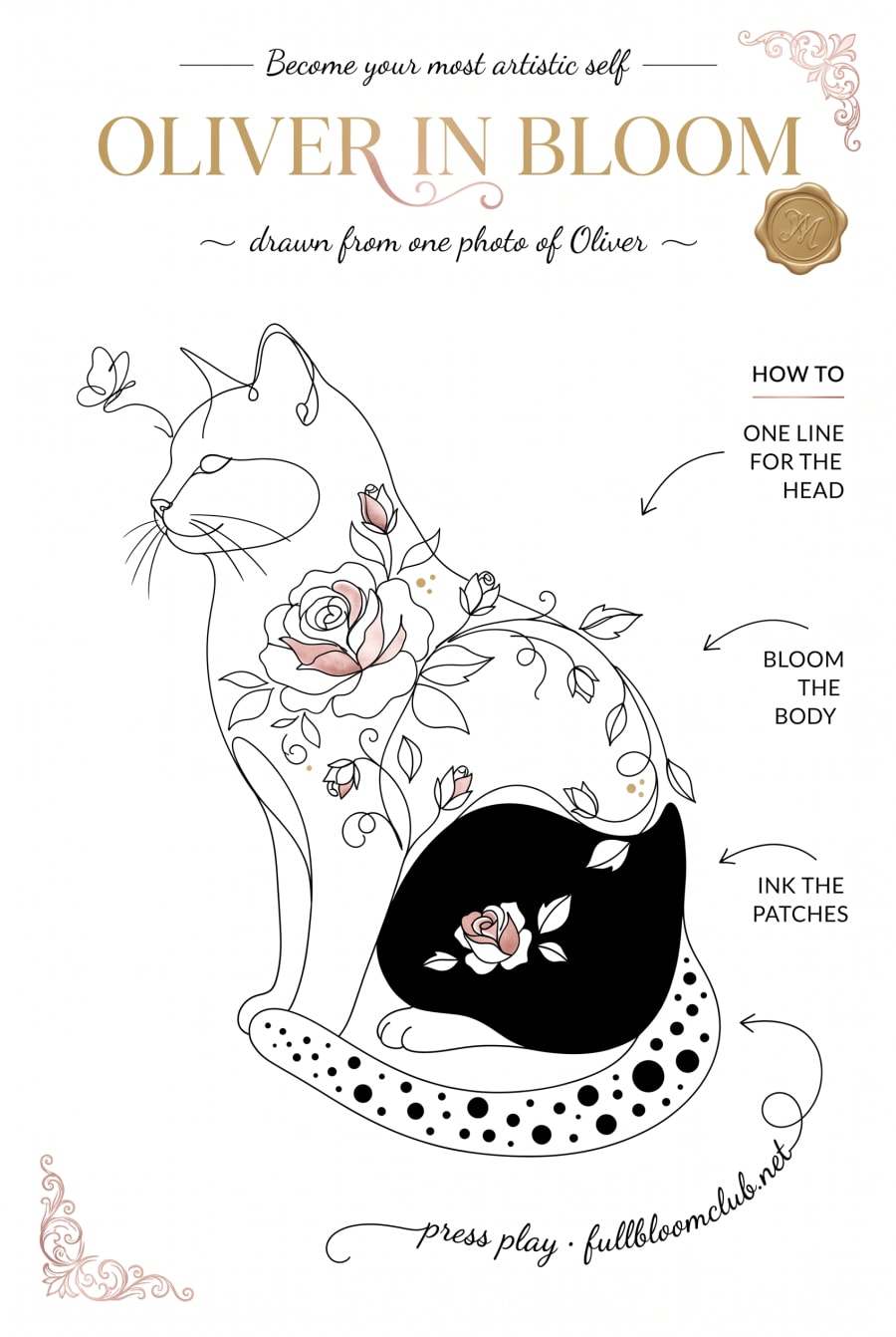 Oliver rebuilt from his photo as a worksheet — his real black patches become the ink