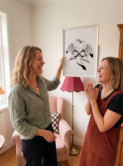 Sisters laughing as the swan-bow goes up