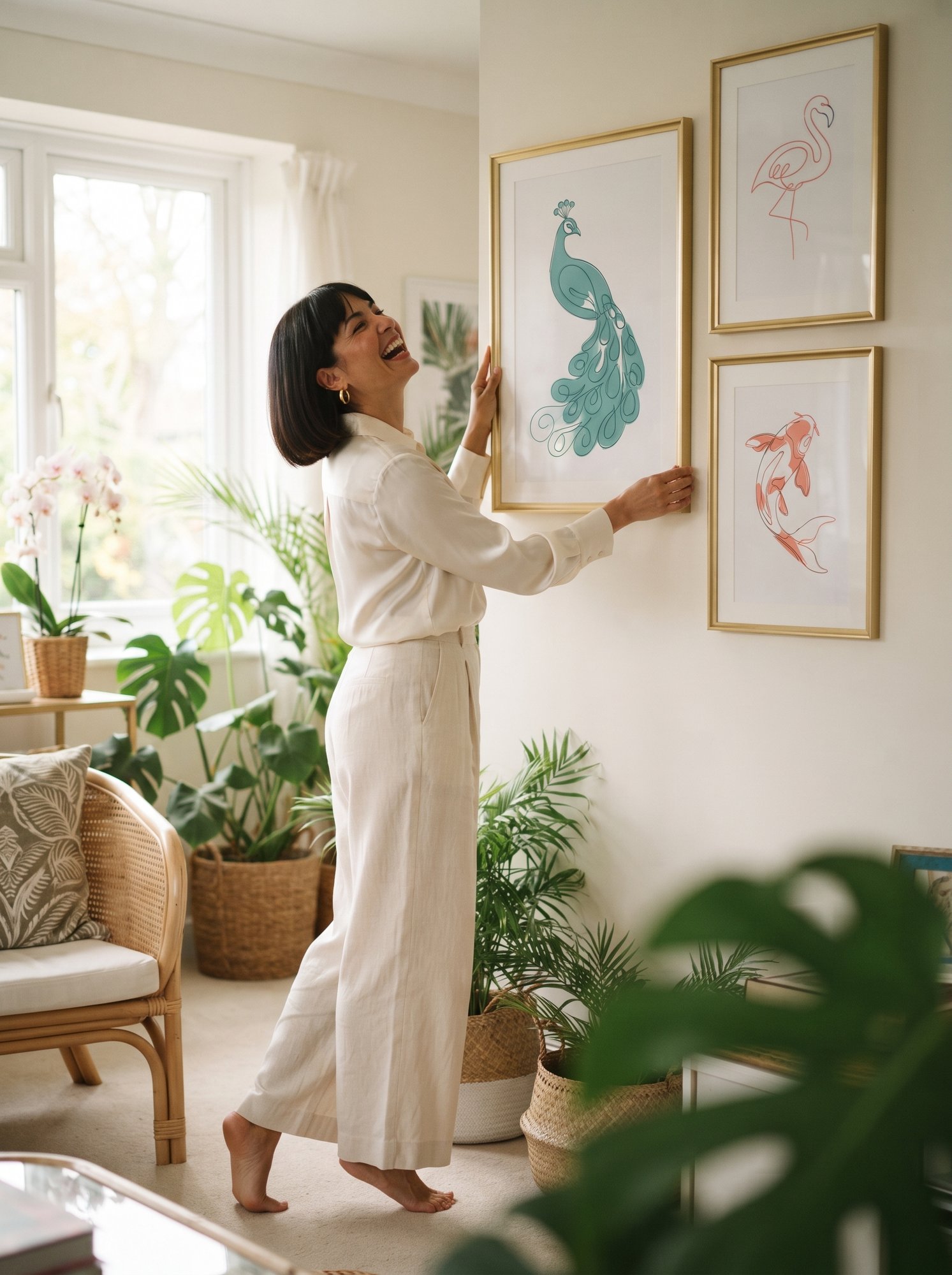 Woman hanging framed one-line animal art in a tropical styled living room