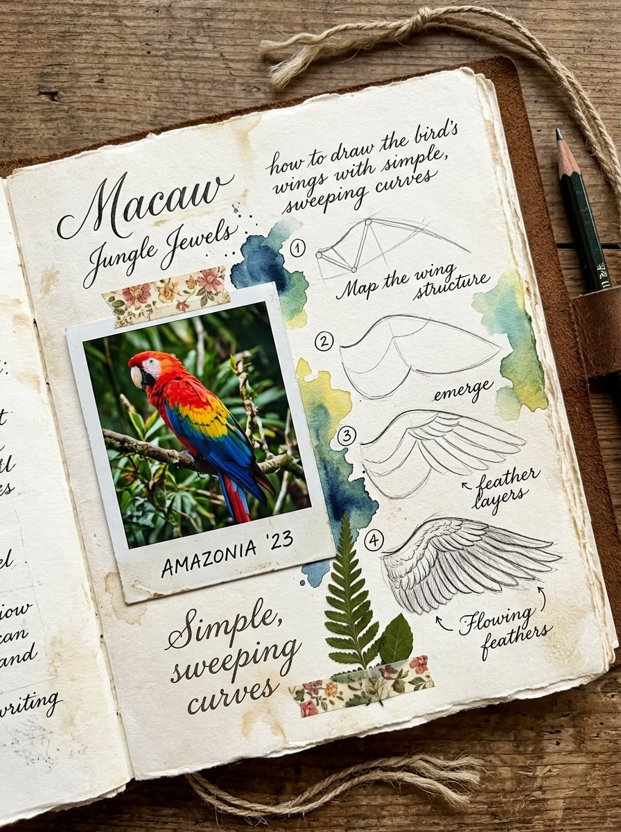 Journal page with macaw drawing and doodles