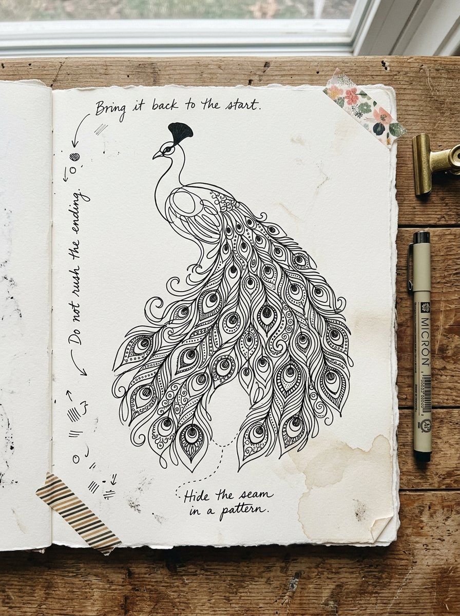 Artist journal page - peacock drawing with handwritten notes