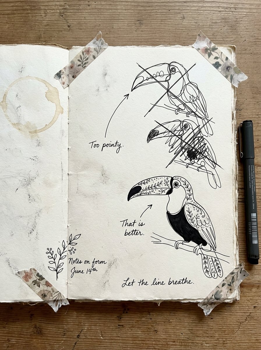 Artist journal page - toucan drawing attempts and notes on form