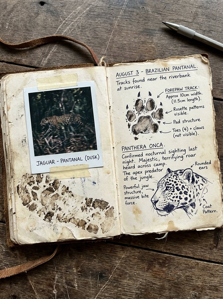 Adventurer notebook page - jaguar tracks and sketches