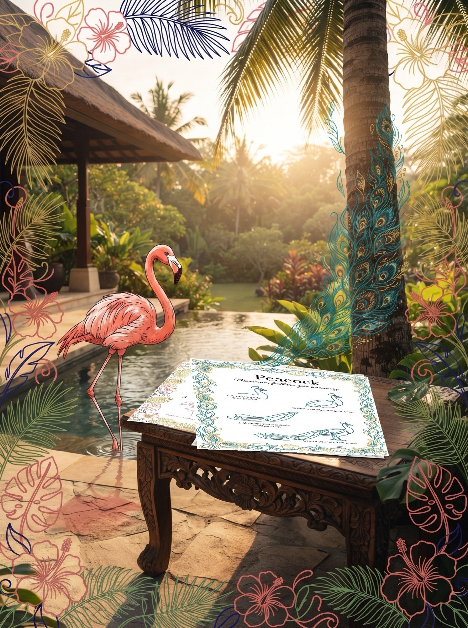Animals to draw - exotic line art worksheets in a surreal tropical art world