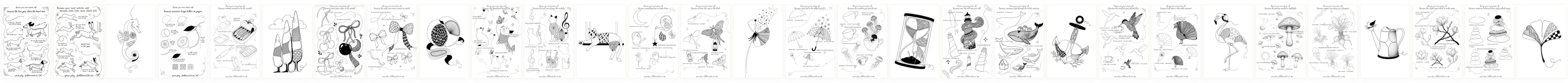 Thirty sheets from the vault — step-by-step worksheets and finished line-art pieces