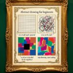 A gilded gallery frame holding an encyclopedia plate of four different abstract art styles with notes