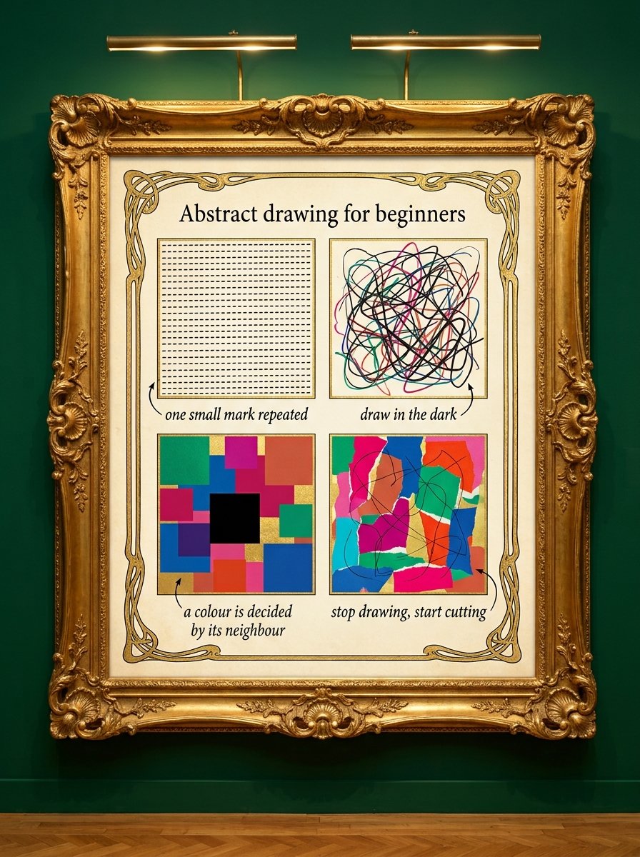 A gilded gallery frame holding an encyclopedia plate of four different abstract art styles with notes